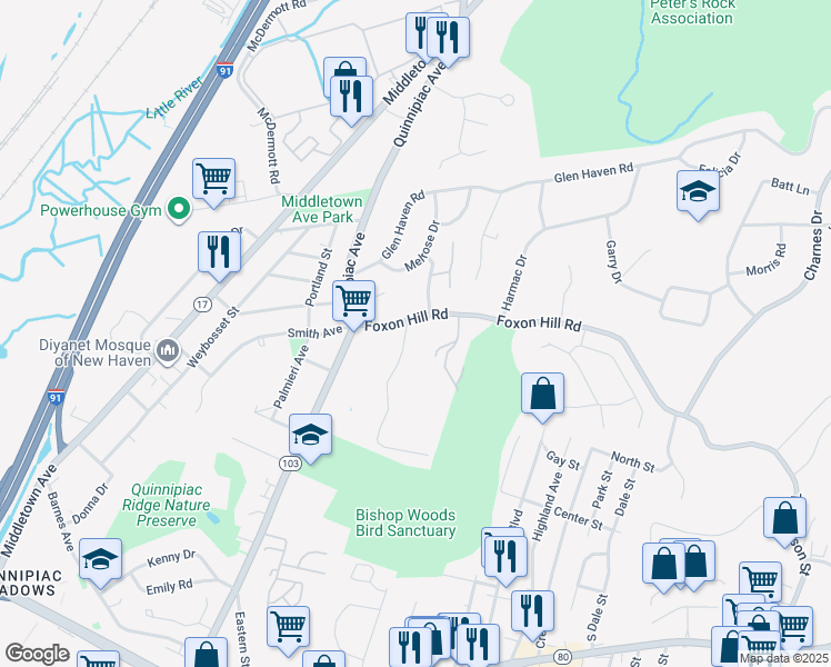 map of restaurants, bars, coffee shops, grocery stores, and more near 170 Roosevelt Street in New Haven