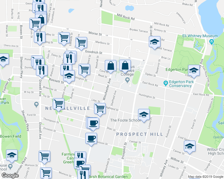 map of restaurants, bars, coffee shops, grocery stores, and more near 747 Winchester Avenue in New Haven