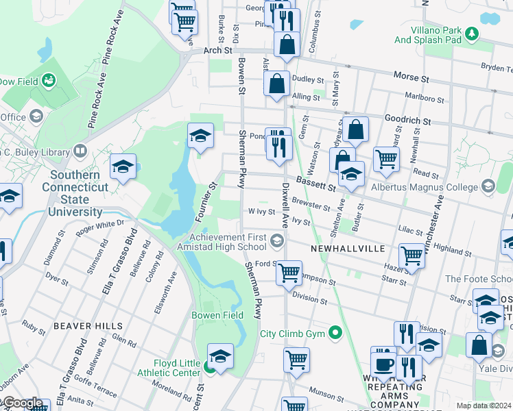 map of restaurants, bars, coffee shops, grocery stores, and more near 281 West Ivy Street in New Haven