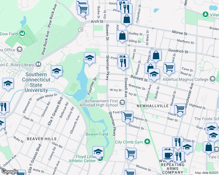 map of restaurants, bars, coffee shops, grocery stores, and more near 281 West Ivy Street in New Haven