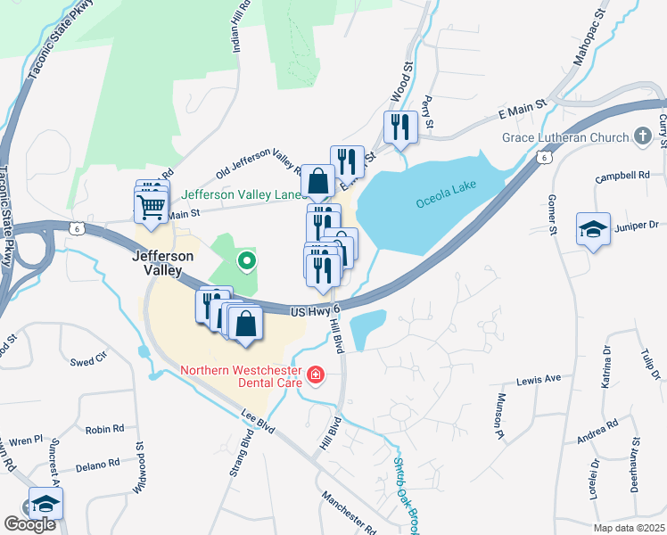 map of restaurants, bars, coffee shops, grocery stores, and more near 3630 Hill Boulevard in Jefferson Valley-Yorktown