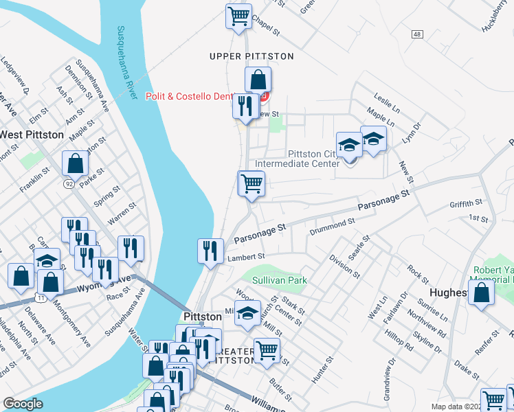 map of restaurants, bars, coffee shops, grocery stores, and more near 118-120 Parsonage St in Pittston
