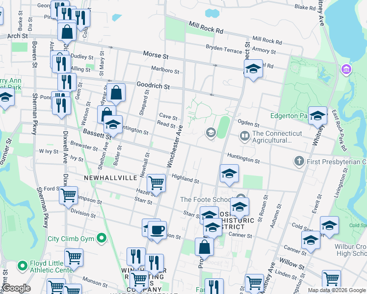 map of restaurants, bars, coffee shops, grocery stores, and more near 747 Winchester Avenue in New Haven