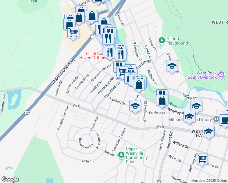 map of restaurants, bars, coffee shops, grocery stores, and more near 109 Ramsdell Street in New Haven
