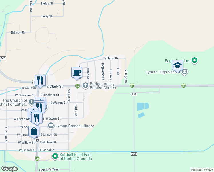 map of restaurants, bars, coffee shops, grocery stores, and more near 43300 Interstate 80 Business Loop in Lyman