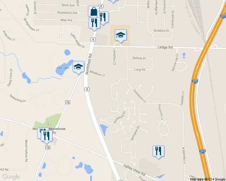 map of restaurants, bars, coffee shops, grocery stores, and more near 8739 Robinwood Terrace in Macedonia