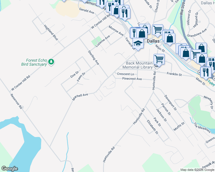 map of restaurants, bars, coffee shops, grocery stores, and more near 5 Birch Hill Lane in Dallas