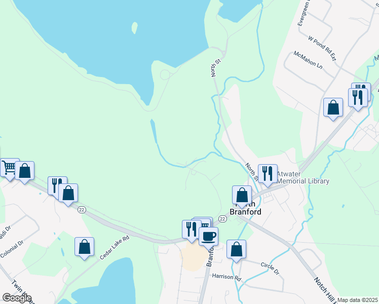 map of restaurants, bars, coffee shops, grocery stores, and more near 67 Great Hill Road in North Branford