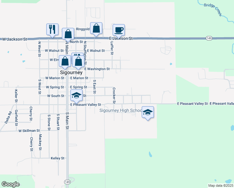 map of restaurants, bars, coffee shops, grocery stores, and more near 600 East South Street in Sigourney
