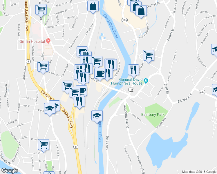 map of restaurants, bars, coffee shops, grocery stores, and more near 43 Division Street in Derby