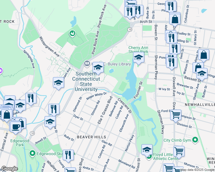 map of restaurants, bars, coffee shops, grocery stores, and more near 501 Crescent Street in New Haven