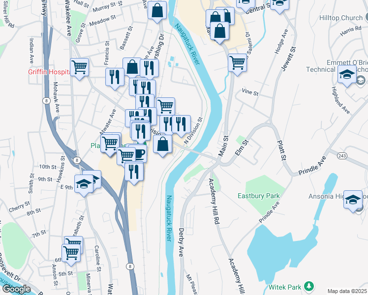 map of restaurants, bars, coffee shops, grocery stores, and more near 43 Division Street in Derby
