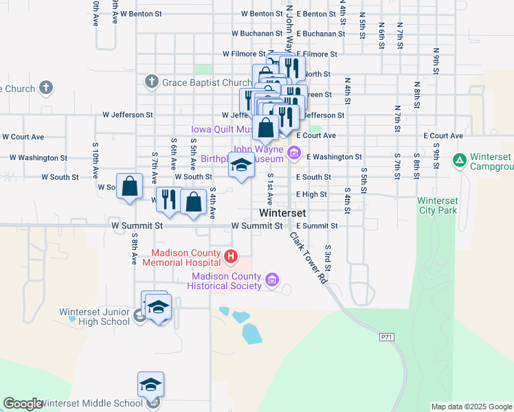 map of restaurants, bars, coffee shops, grocery stores, and more near 415 South 2nd Street in Winterset
