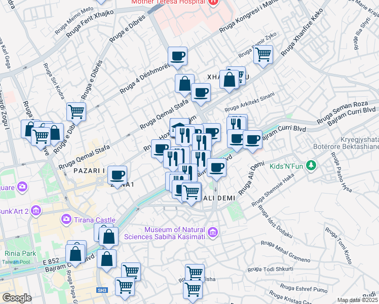 map of restaurants, bars, coffee shops, grocery stores, and more near Rruga Vllazën Huta in Tirana
