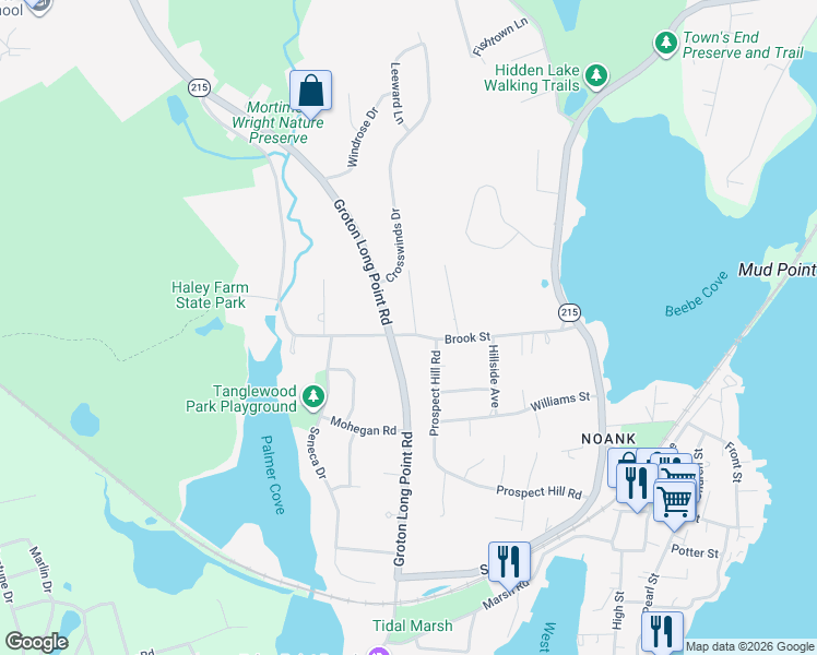 map of restaurants, bars, coffee shops, grocery stores, and more near 122 Brook Street in Groton