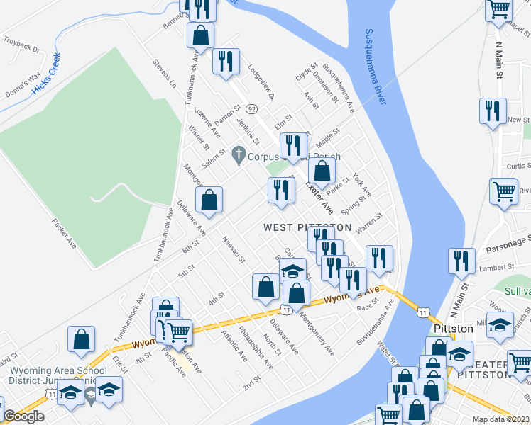 map of restaurants, bars, coffee shops, grocery stores, and more near 310 Washington Street in Luzerne County