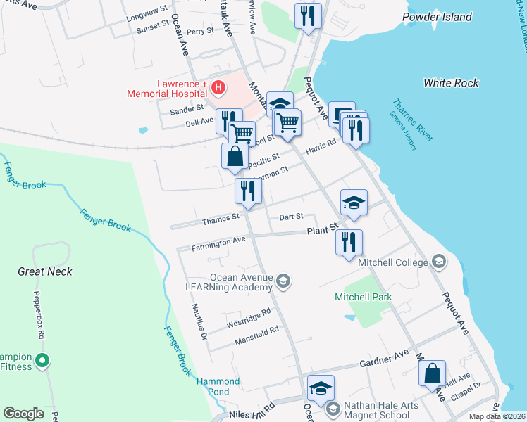 map of restaurants, bars, coffee shops, grocery stores, and more near 548 Ocean Avenue in New London