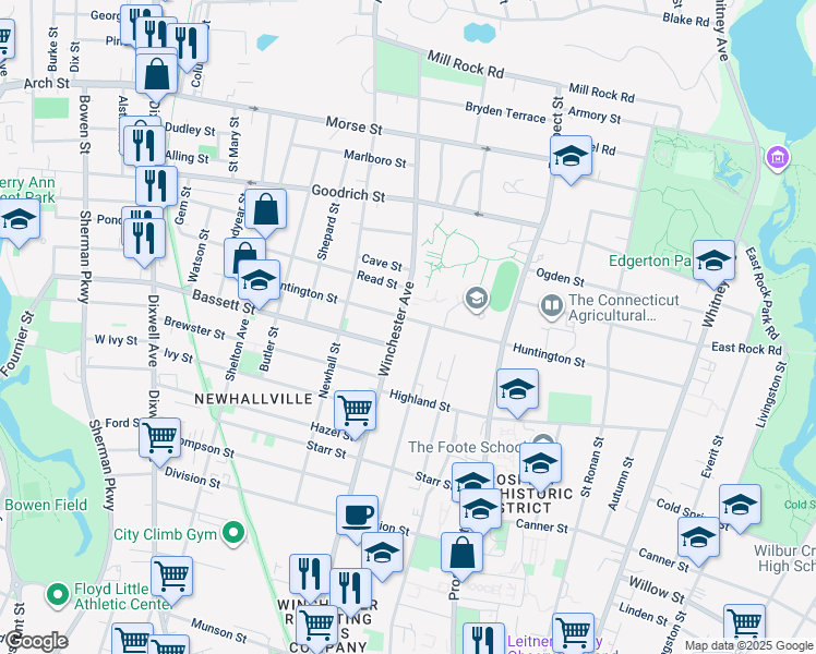 map of restaurants, bars, coffee shops, grocery stores, and more near 747 Winchester Avenue in New Haven