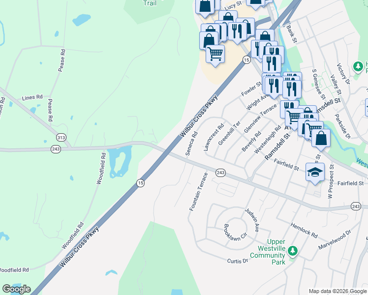 map of restaurants, bars, coffee shops, grocery stores, and more near 14 Seneca Road in New Haven