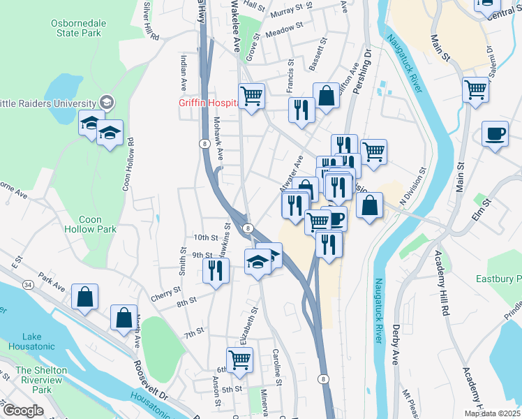 map of restaurants, bars, coffee shops, grocery stores, and more near 26 Atwater Avenue in Derby