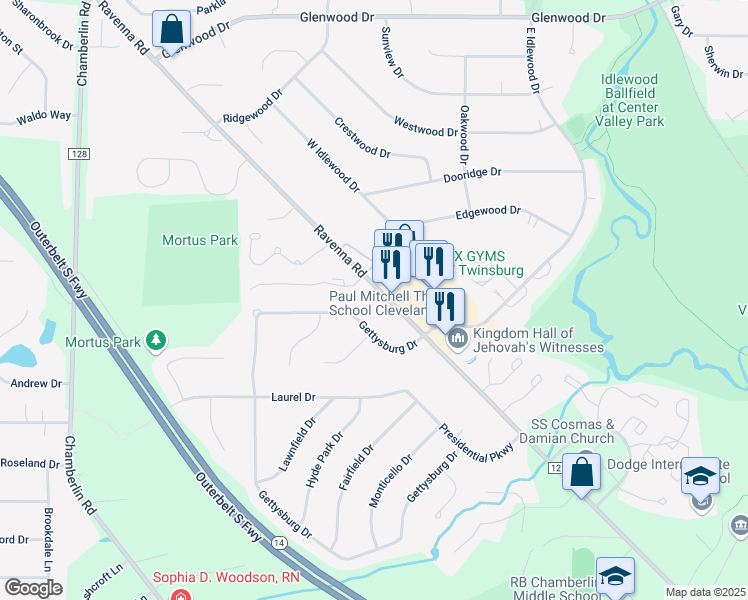 map of restaurants, bars, coffee shops, grocery stores, and more near 10750 Ravenna Road in Twinsburg