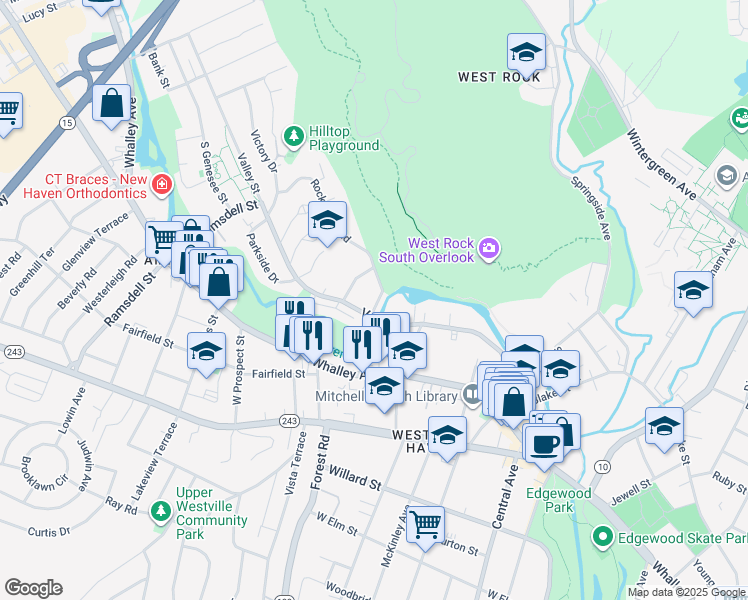 map of restaurants, bars, coffee shops, grocery stores, and more near 20 West Hills Road in New Haven