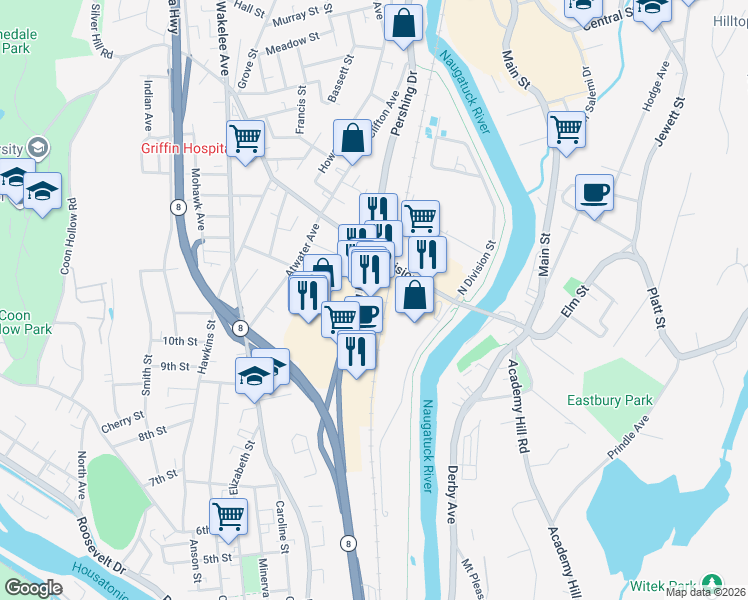 map of restaurants, bars, coffee shops, grocery stores, and more near 2 Pershing Drive in Derby