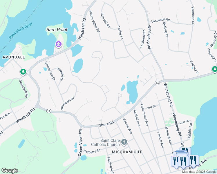 map of restaurants, bars, coffee shops, grocery stores, and more near 12 Tristam Trace Street in Westerly