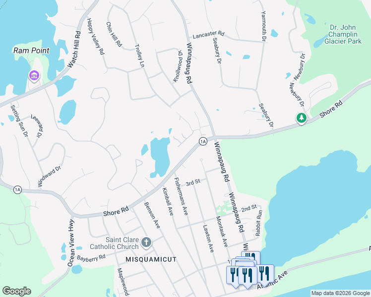 map of restaurants, bars, coffee shops, grocery stores, and more near 88 Shore Road in Westerly