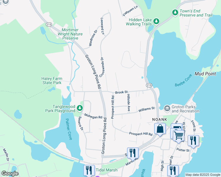 map of restaurants, bars, coffee shops, grocery stores, and more near 94 Brook Street in Groton