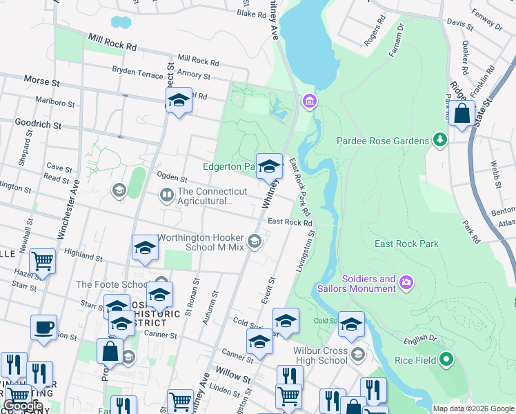 map of restaurants, bars, coffee shops, grocery stores, and more near 750 Whitney Avenue in New Haven