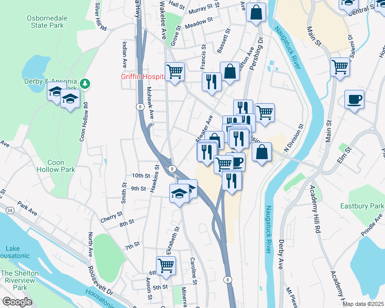 map of restaurants, bars, coffee shops, grocery stores, and more near 49 Atwater Avenue in Derby