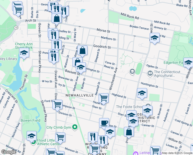 map of restaurants, bars, coffee shops, grocery stores, and more near 63 Bassett Street in New Haven
