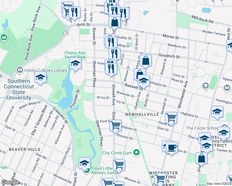 map of restaurants, bars, coffee shops, grocery stores, and more near 64 Brewster Street in New Haven