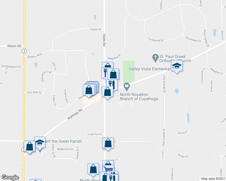 map of restaurants, bars, coffee shops, grocery stores, and more near 5337 Wallings Road in North Royalton