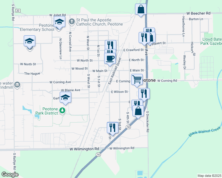 map of restaurants, bars, coffee shops, grocery stores, and more near 205 East Wilson Street in Peotone