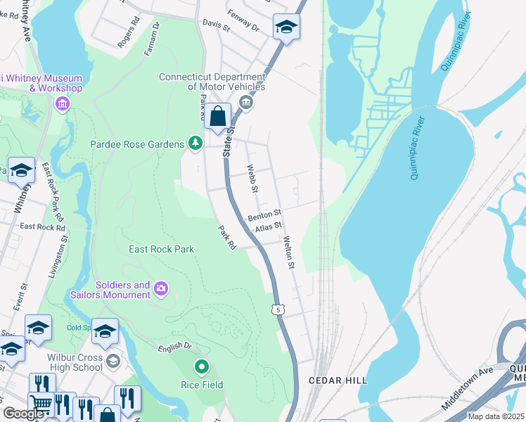 map of restaurants, bars, coffee shops, grocery stores, and more near 27 Benton Street in Hamden