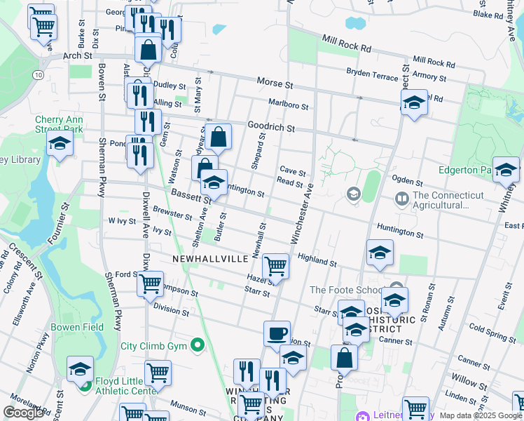 map of restaurants, bars, coffee shops, grocery stores, and more near 60 Bassett Street in New Haven