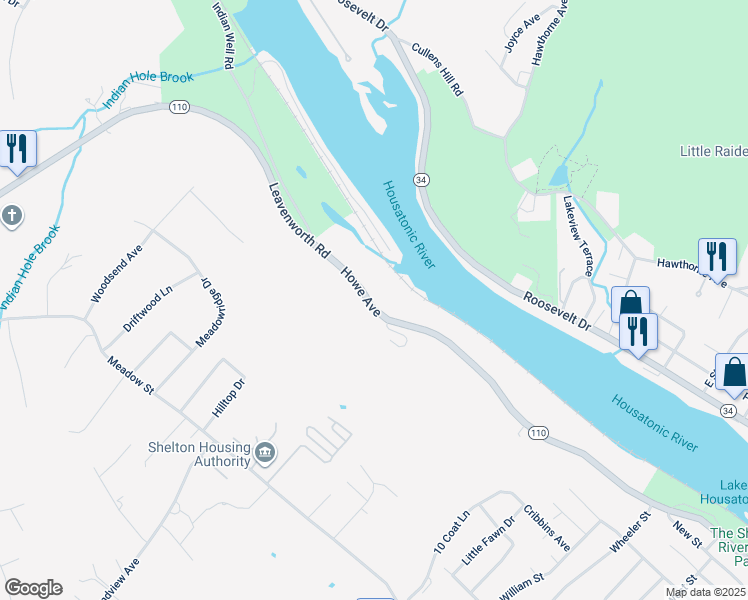 map of restaurants, bars, coffee shops, grocery stores, and more near 15 Housatonic Rise in Shelton