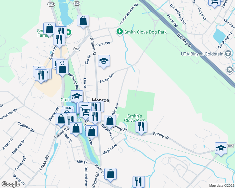 map of restaurants, bars, coffee shops, grocery stores, and more near 84 Franklin Avenue in Monroe