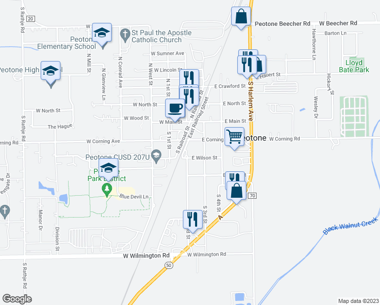 map of restaurants, bars, coffee shops, grocery stores, and more near 205 East Wilson Street in Peotone