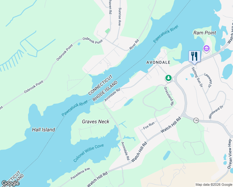 map of restaurants, bars, coffee shops, grocery stores, and more near 60 Avondale Road in Westerly