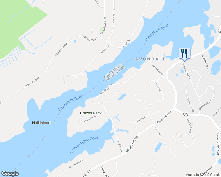 map of restaurants, bars, coffee shops, grocery stores, and more near 60 Avondale Road in Westerly