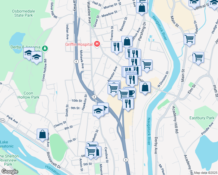 map of restaurants, bars, coffee shops, grocery stores, and more near 49 Atwater Avenue in Derby