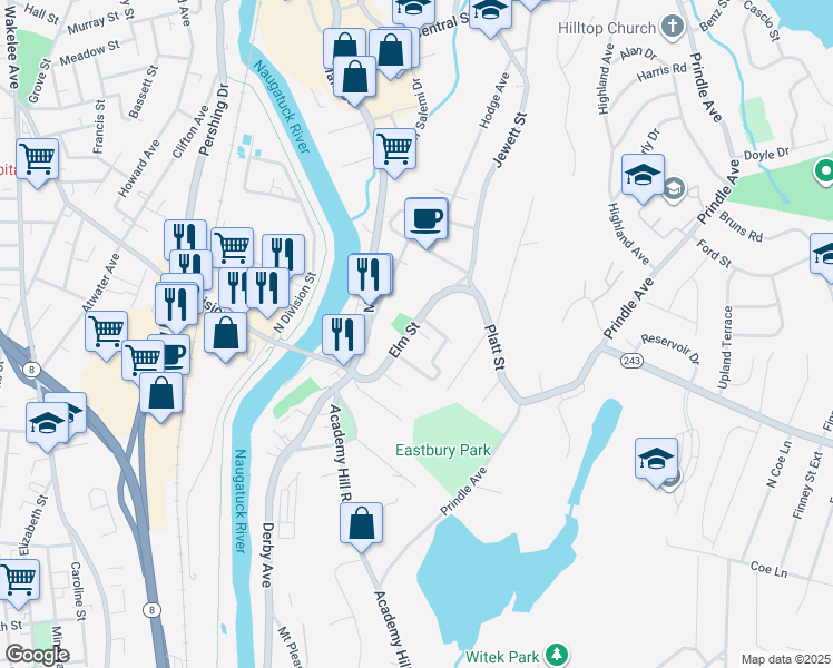 map of restaurants, bars, coffee shops, grocery stores, and more near 37 Elm Street in Ansonia