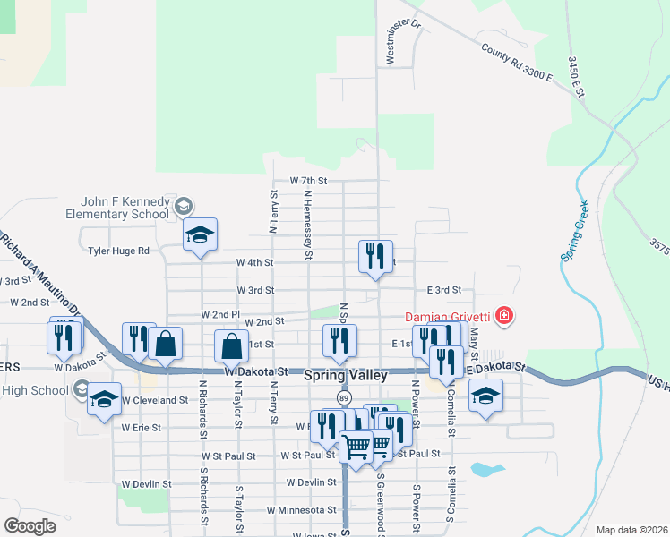 map of restaurants, bars, coffee shops, grocery stores, and more near 110 West 3rd Street in Spring Valley