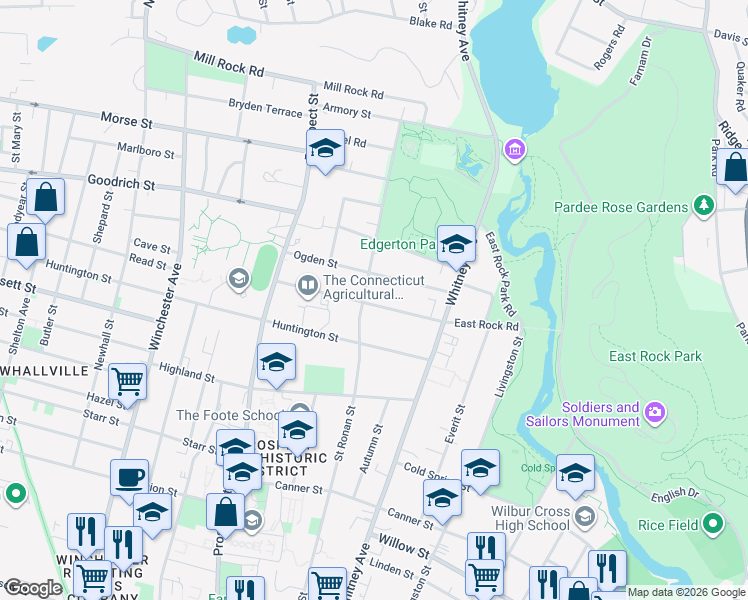 map of restaurants, bars, coffee shops, grocery stores, and more near 184 East Rock Road in New Haven