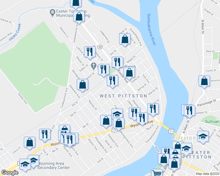 map of restaurants, bars, coffee shops, grocery stores, and more near Luzerne Avenue in Pittston