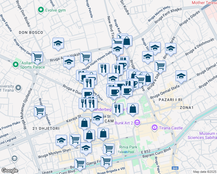 map of restaurants, bars, coffee shops, grocery stores, and more near Rruga Maliq Muço in Tirana