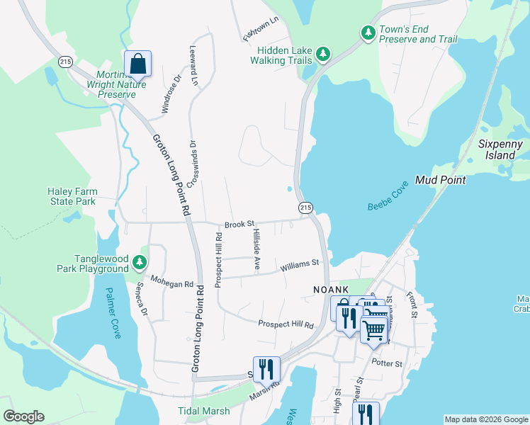 map of restaurants, bars, coffee shops, grocery stores, and more near 43 Brook Street in Groton